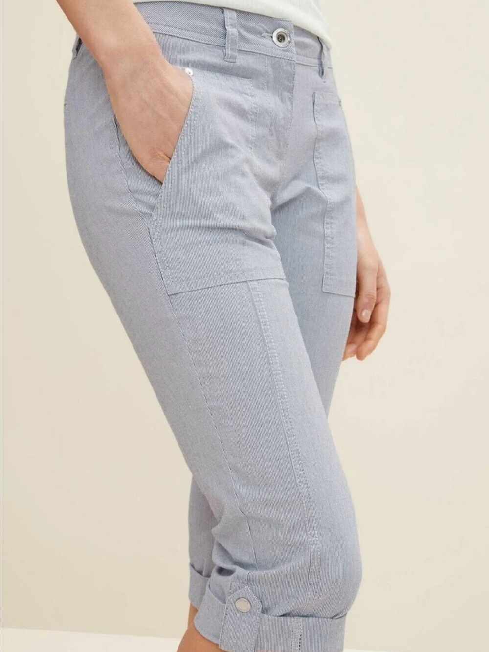 Cropped Utility Capris in Light Blue Stripes NWT